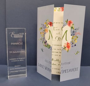 PINE Awards of Excellence 2023. Pinnacle award presented to TPI Solutions Ink for Li Ward wedding invitation.