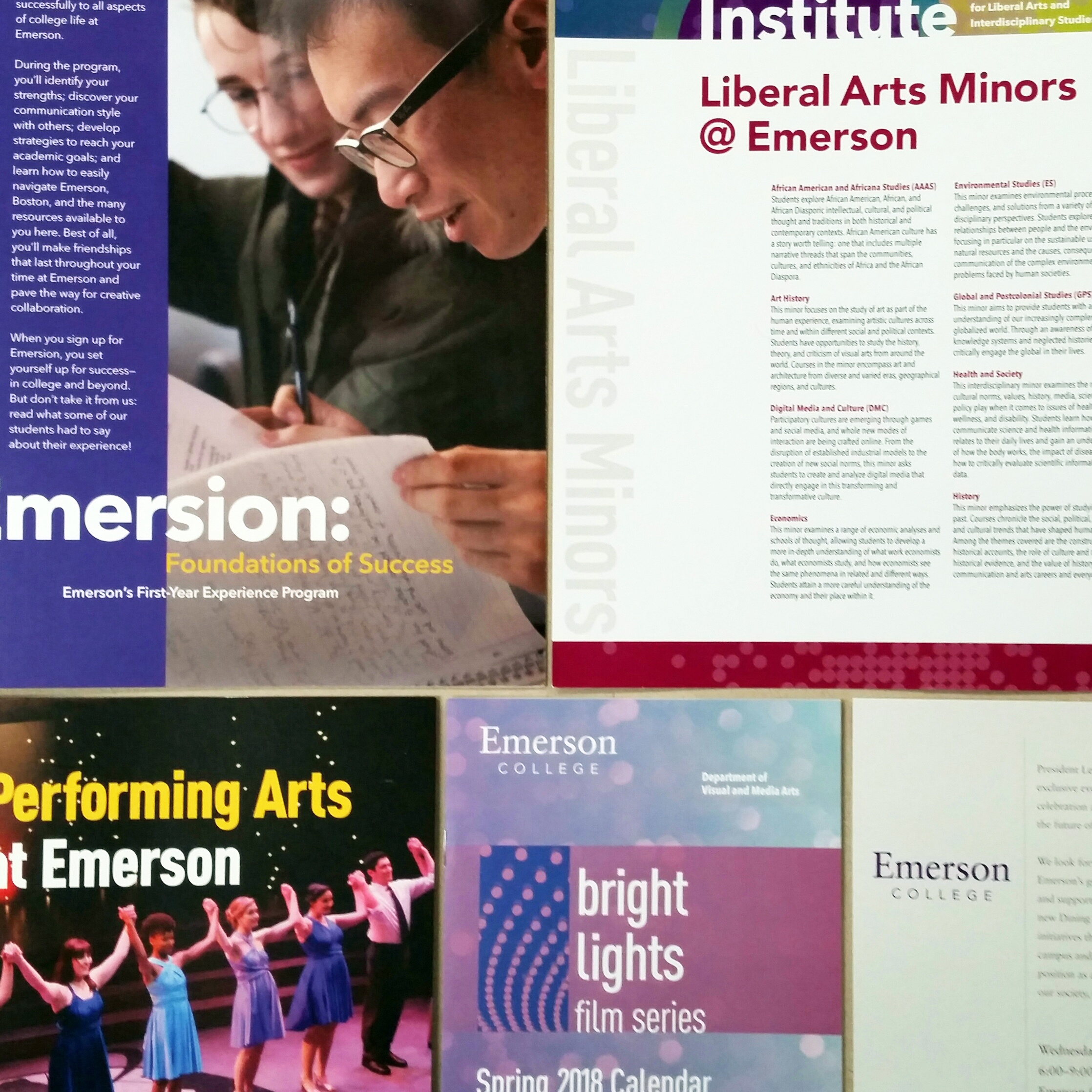 Selection of purple and gold Emerson College digitally printed materials